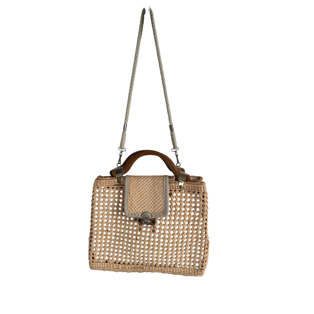 Vintage Made in Italy Woven Straw Handbag Wooden Handle Lattice Raffia Bag