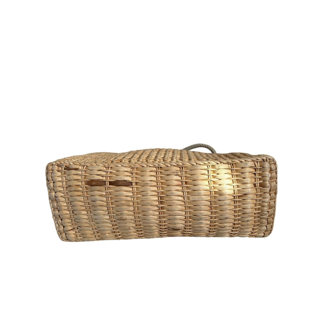 Vintage Made in Italy Woven Straw Handbag Wooden Handle Lattice Raffia Bag