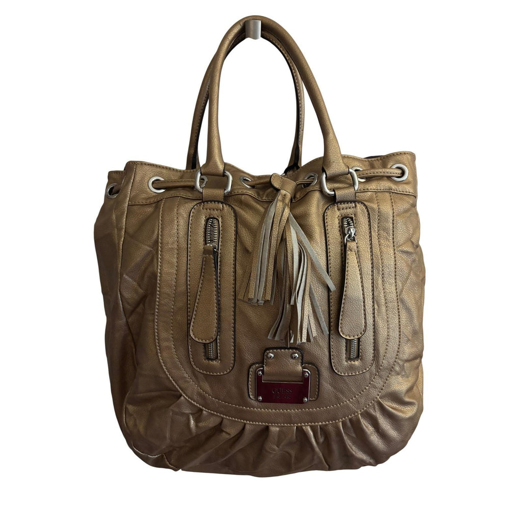 Guess Est 1981 Metallic Bronze Quilted Tassel Tote Bag Faux Leather Shoulder Bag