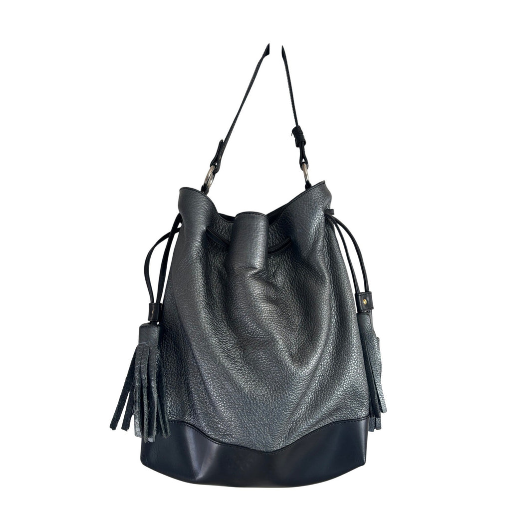 Alberta Di Canio Elba Bucket Bag Italian Leather Metallic Pewter Black Tassel
