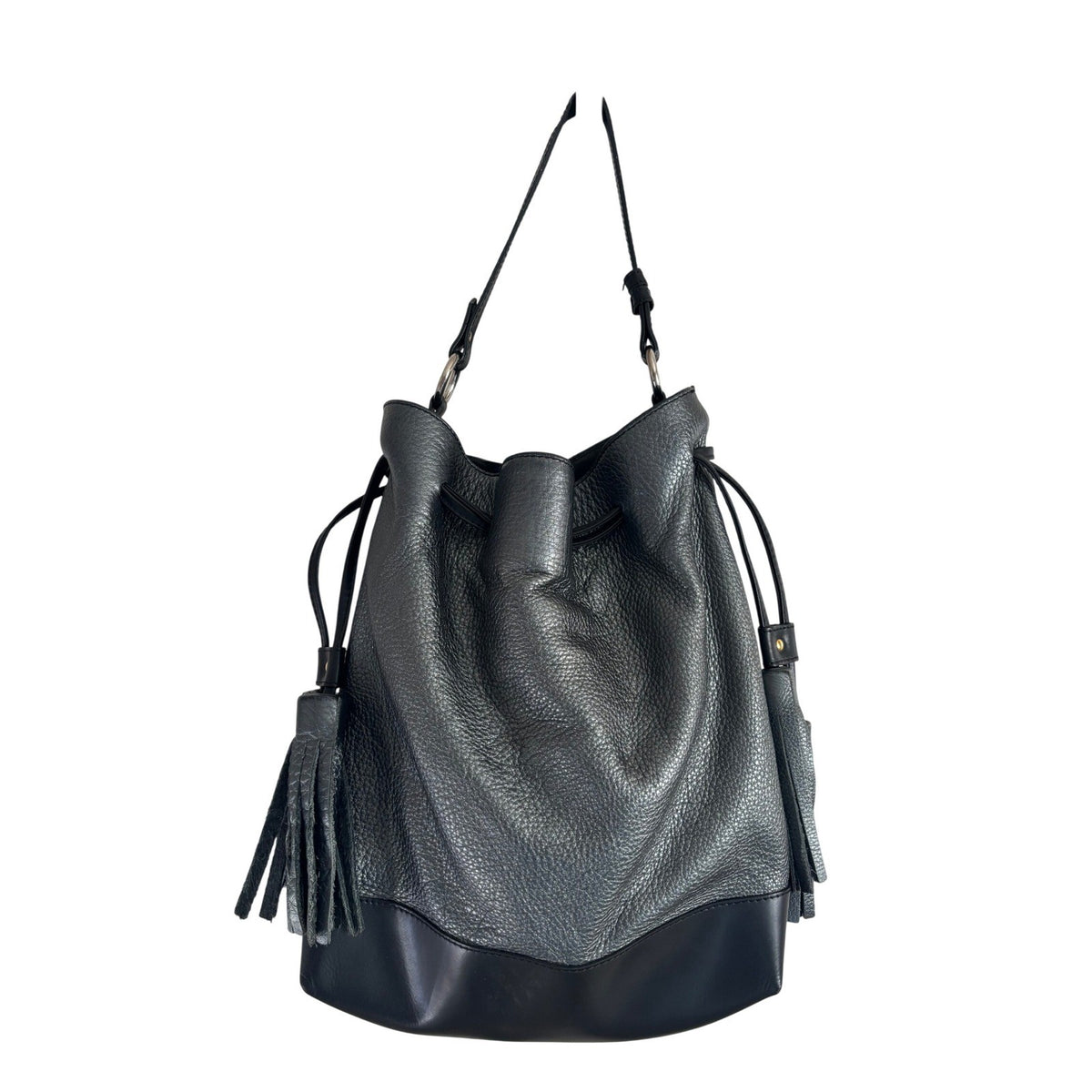 Alberta Di Canio Elba Bucket Bag Italian Leather Metallic Pewter Black Tassel