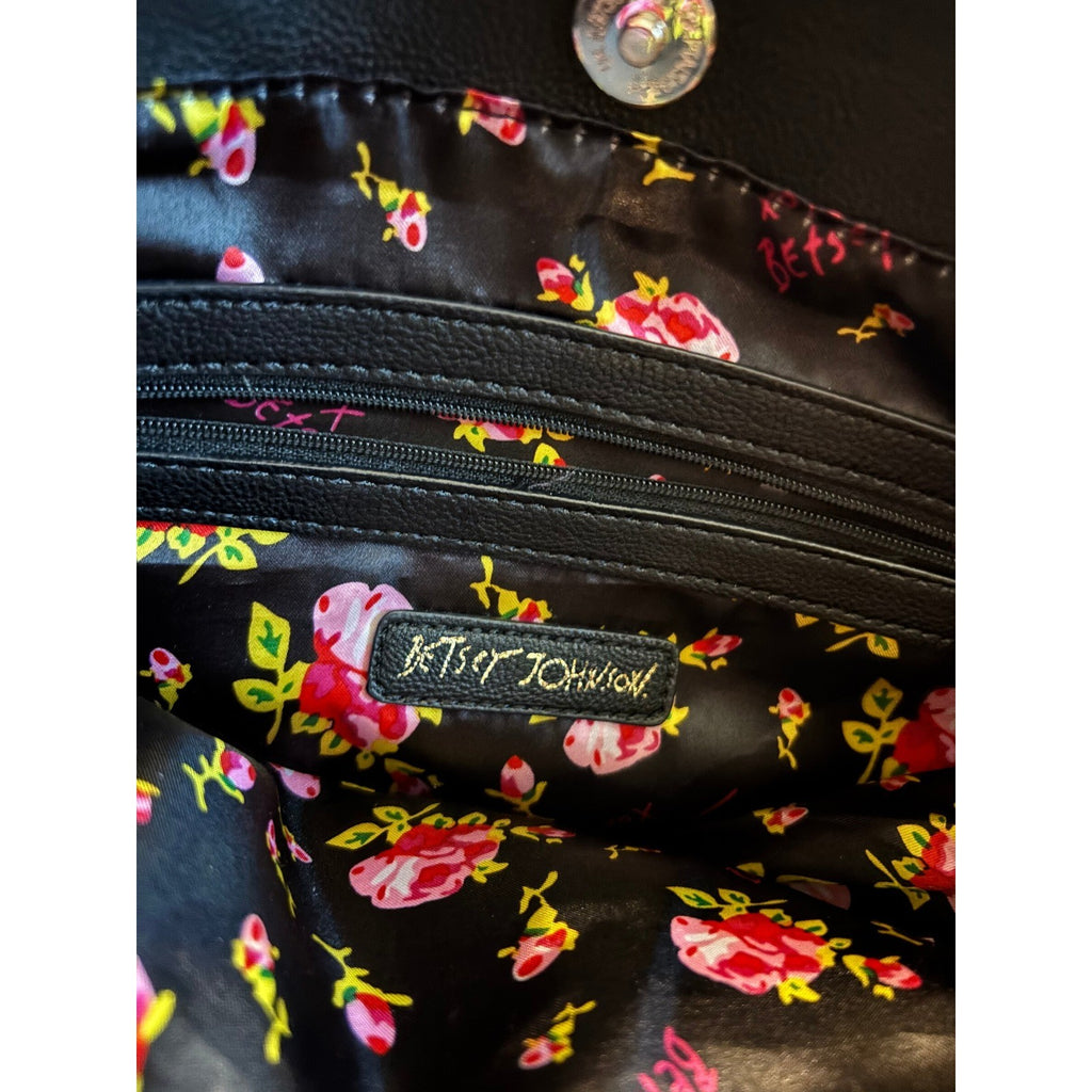 Betsey Johnson Quilted Heart Satchel Bag Pink Black Floral Lining Crossbody