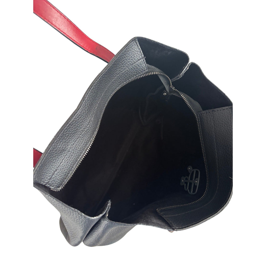 Karl Lagerfeld Paris Black Pebbled Tote Bag with Red Straps and Karl Patch