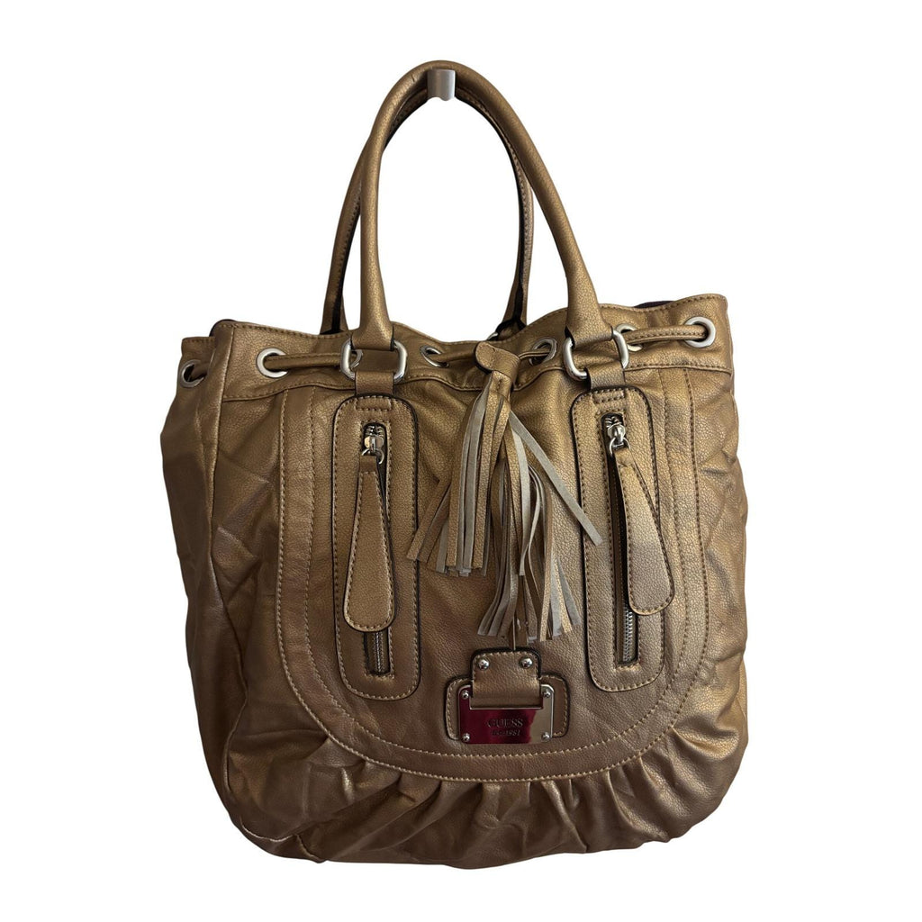 Guess Est 1981 Metallic Bronze Quilted Tassel Tote Bag Faux Leather Shoulder Bag