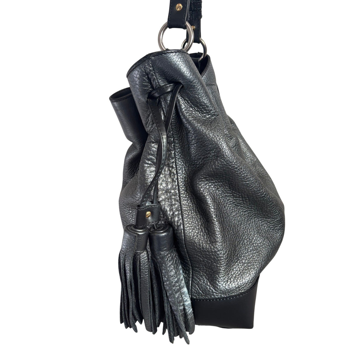 Alberta Di Canio Elba Bucket Bag Italian Leather Metallic Pewter Black Tassel