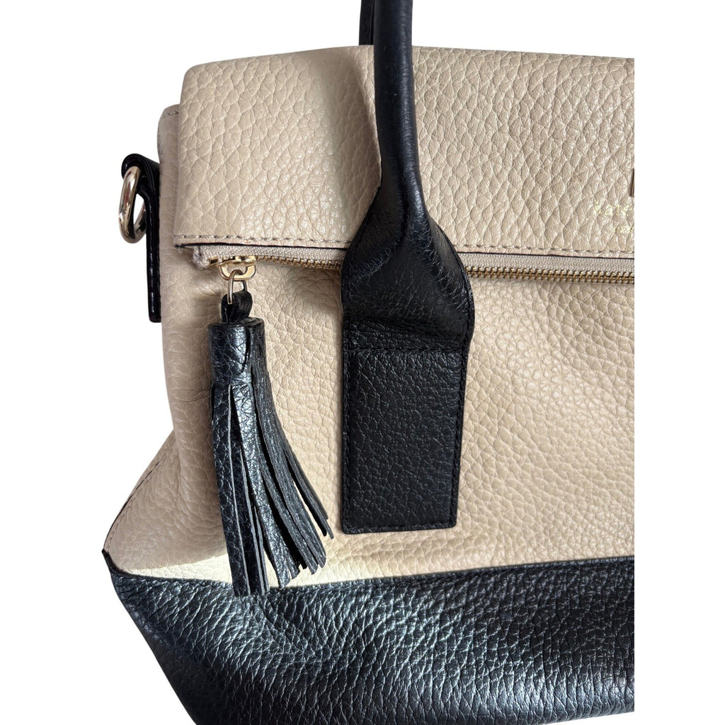 Kate Spade New York Pebbled Leather Colorblock Satchel Cream Black Tassel Bag