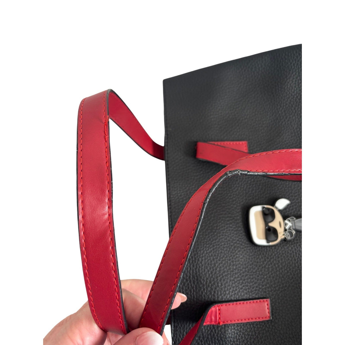 Karl Lagerfeld Paris Black Pebbled Tote Bag with Red Straps and Karl Patch