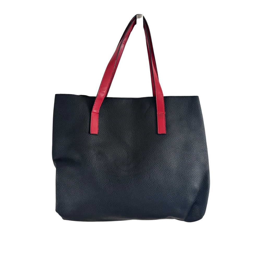 Karl Lagerfeld Paris Black Pebbled Tote Bag with Red Straps and Karl Patch