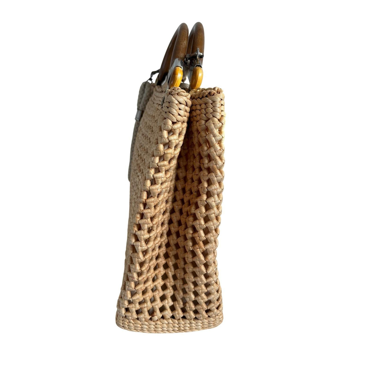 Vintage Made in Italy Woven Straw Handbag Wooden Handle Lattice Raffia Bag