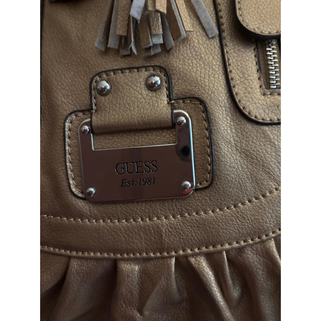 Guess Est 1981 Metallic Bronze Quilted Tassel Tote Bag Faux Leather Shoulder Bag
