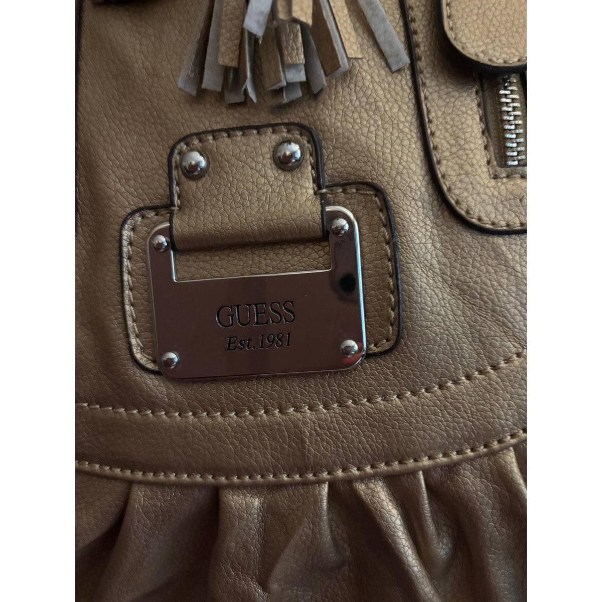Guess Est 1981 Metallic Bronze Quilted Tassel Tote Bag Faux Leather Shoulder Bag