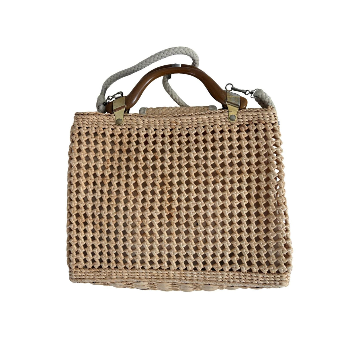 Vintage Made in Italy Woven Straw Handbag Wooden Handle Lattice Raffia Bag