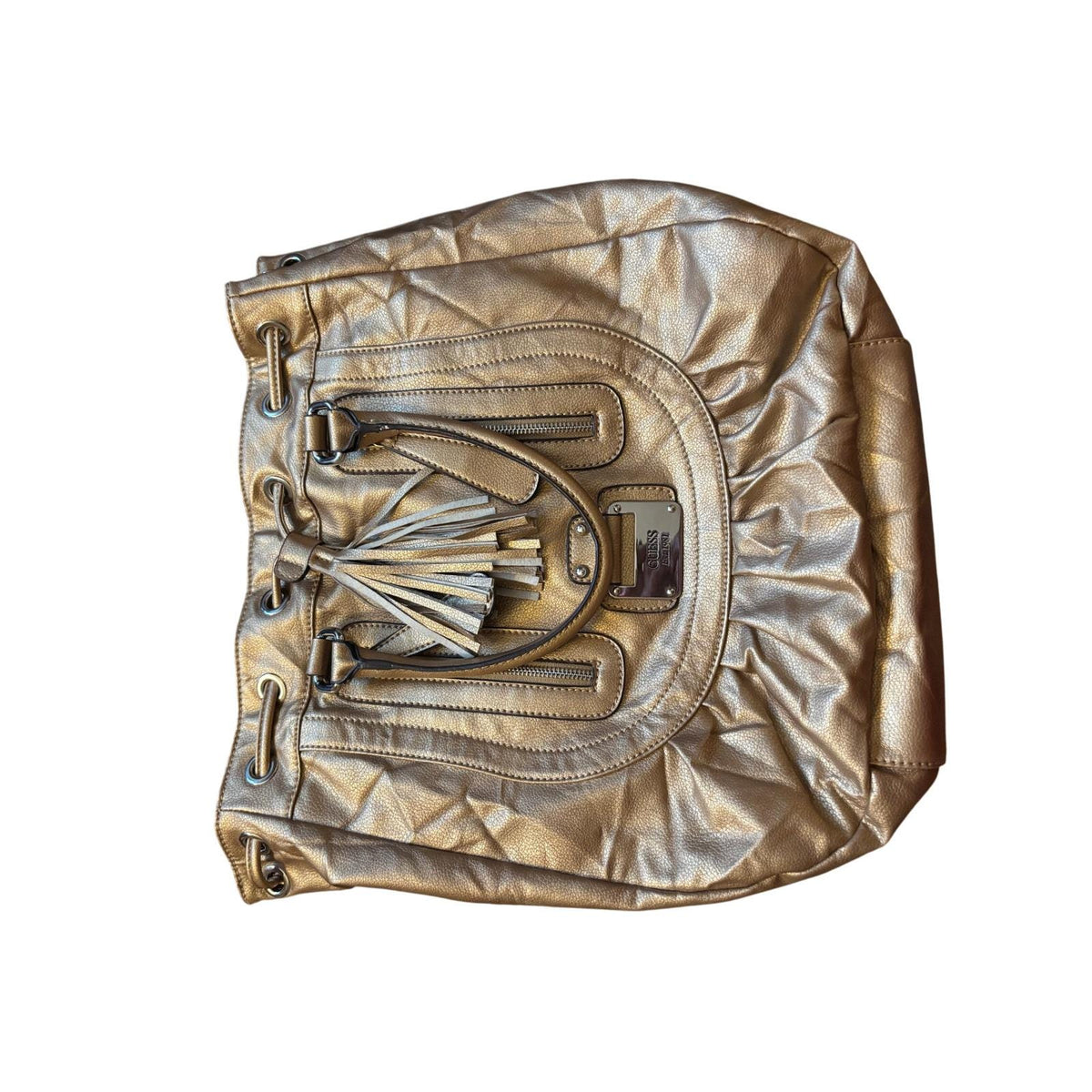 Guess Est 1981 Metallic Bronze Quilted Tassel Tote Bag Faux Leather Shoulder Bag