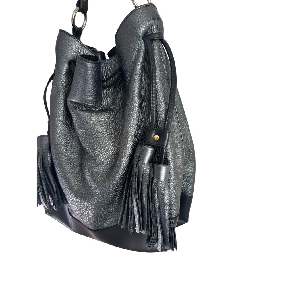 Alberta Di Canio Elba Bucket Bag Italian Leather Metallic Pewter Black Tassel