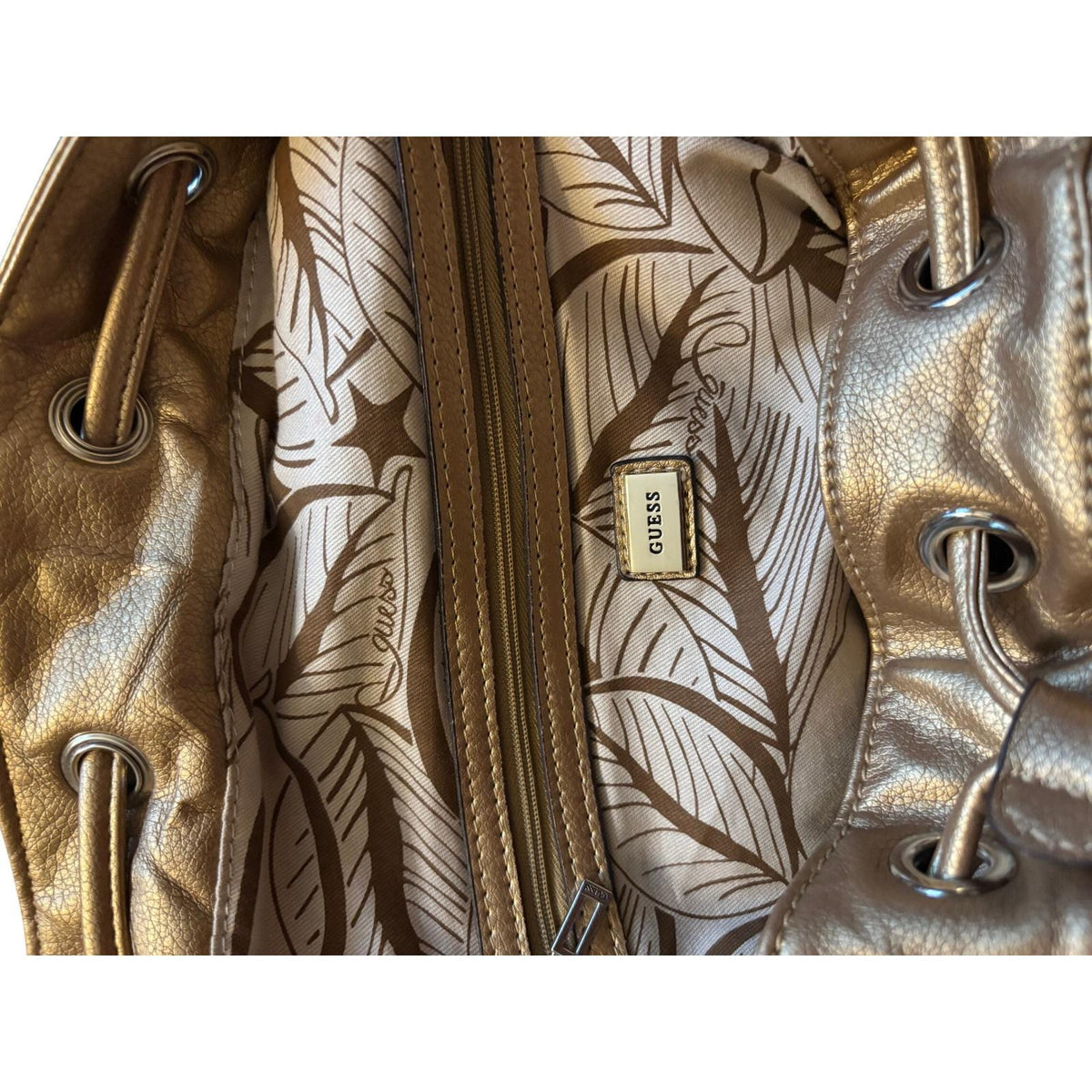 Guess Est 1981 Metallic Bronze Quilted Tassel Tote Bag Faux Leather Shoulder Bag