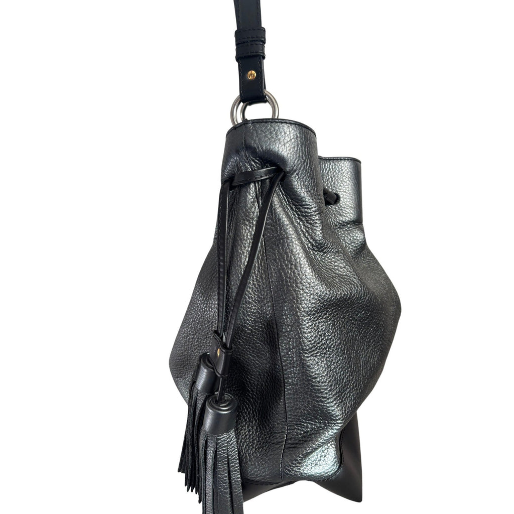 Alberta Di Canio Elba Bucket Bag Italian Leather Metallic Pewter Black Tassel