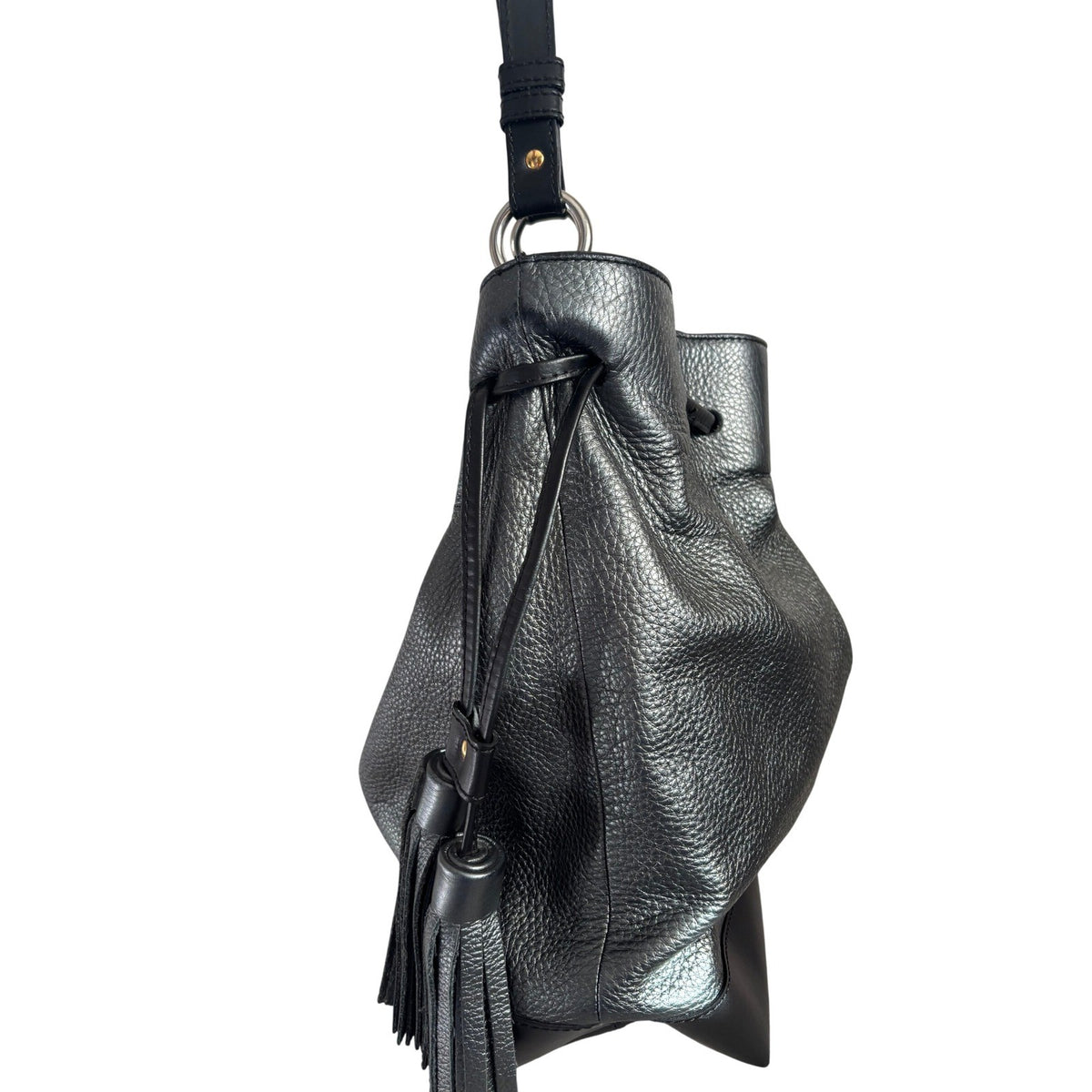 Alberta Di Canio Elba Bucket Bag Italian Leather Metallic Pewter Black Tassel