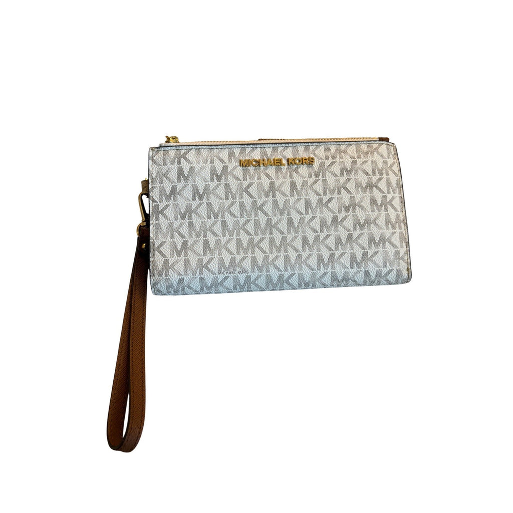 Michael Kors Adele Double Zip Wristlet Wallet Vanilla Signature Logo Brown