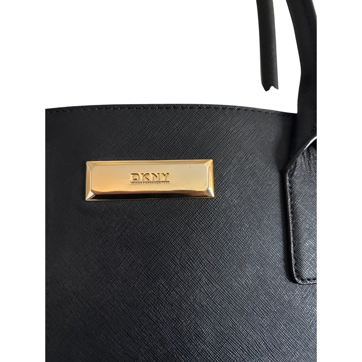 DKNY Black Saffiano Leather Tote Bag Gold Logo Plaque Shoulder Bag 4042