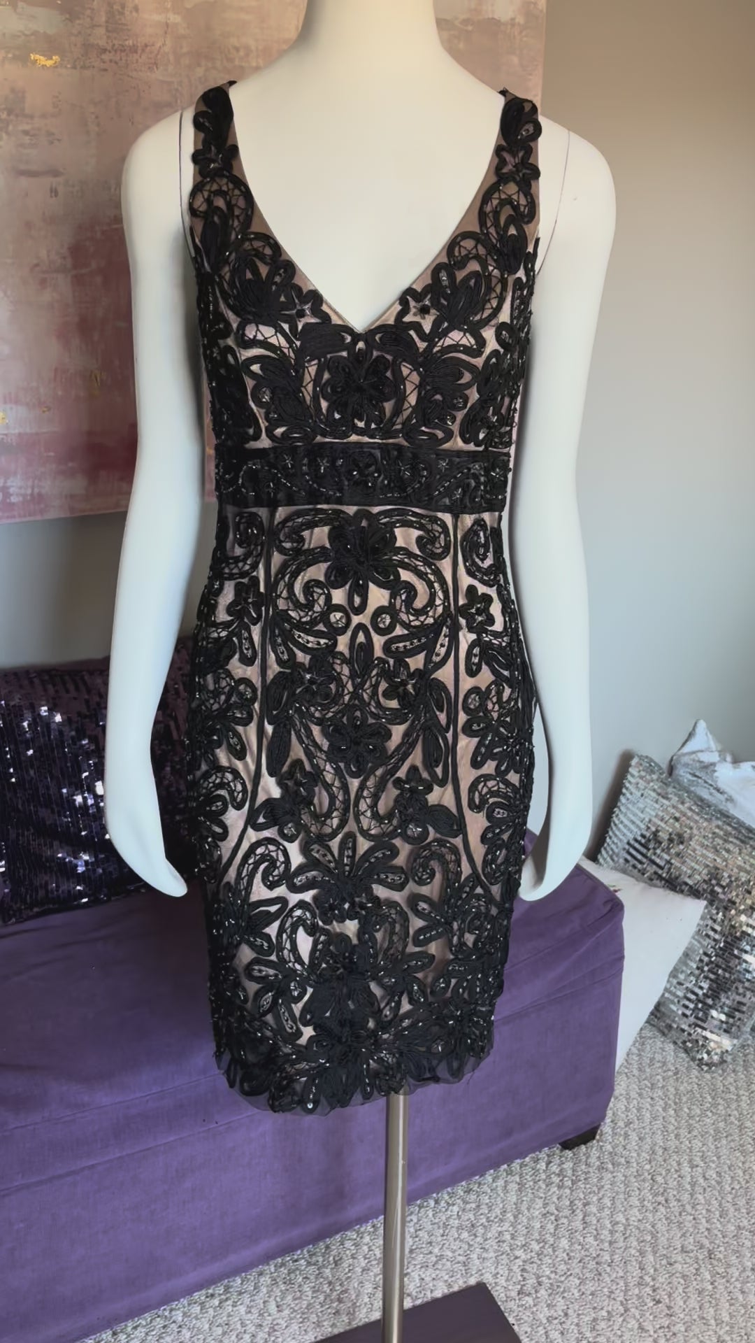 Sue Wong Black Lace Applique Cocktail Dress Party Evening Occasion size 10